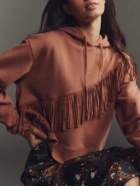 Anthropologie Pilcro Fringe Hooded Sweatshirt, Mink Blush, XS